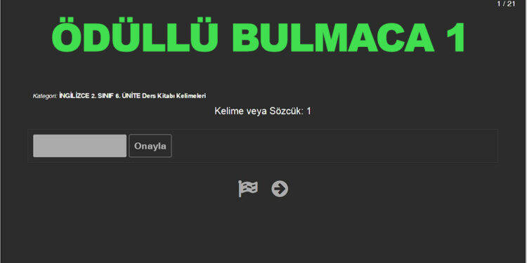 ÖDÜLLÜ BULMACA – 1 (İNGİLİZCE 2. SINIF 6. ÜNİTE Ders Kitabı Kelimeleri)